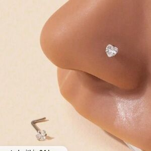 Nose Ring 2 Heart Shaped Diamond like Cubic Zirconia Pink stone Stainless Steel